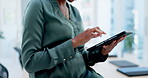 Business woman, hands and search tablet in office for data analysis, internet information and planning. Closeup, female worker and digital technology for online connection, website and network app