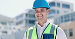 Construction, smile and face of man in city for building inspection, site planning and civil engineering. Portrait of male architect, happy contractor and project manager for property development 