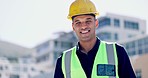 Industrial construction, face or happy man in city for building inspection, civil engineering or site planning. Portrait of male architect, contractor or builder reading notes of property development