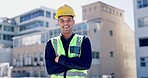 Construction, face or man in city with arms crossed for building inspection, civil engineering or site planning. Portrait of male architect, contractor or smile with confidence in property management