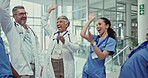 Clapping, celebrate and team of doctors in hospital cheering for a surgery success or goal. Happy, smile and group of professional healthcare workers with applause for collaboration in medical clinic