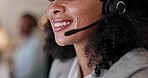 Customer service, support and headset with an african woman consultant talking on a call for help or assistance. Call center, lead generation or insurance with a female employee working in sales