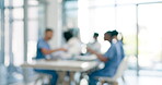 Meeting, healthcare and doctors in blurred background for teamwork, collaboration and hospital workflow. Documents, planning and medical group of people and nurses in office or workplace for research