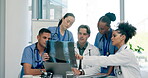 Meeting, xray and team of doctors, nurses and people in healthcare research, results and analysis or solution. Injury review, radiology and medical women and men talking, planning or anatomy teamwork