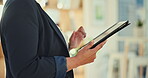 Hands, business woman and tablet in office for planning research, data analysis and internet information. Closeup, female worker and scroll on digital technology for online connection, website or app