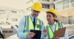 Teamwork, architecture or engineers with tablet on construction site for planning or building. Industrial, technology or senior contractor engineering or speaking to contractor for design inspection