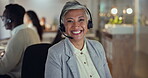 Call center, support and senior woman consultant working in her office for lead generation at night. Portrait, customer service and smile with a happy female telemarketing employee consulting at work