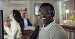 Portrait of contact center agent, smile and black man consulting with advice, sales or help desk worker with headset. Phone call, telecom office and customer support consultant at crm service agency.