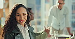 Professional, face and a woman in meeting with a team for business, planning and morning agenda in office. Smile, discussion and portrait of a female employee in a work seminar for collaboration