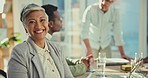 Senior woman, face and business meeting with a smile from vision and corporate innovation. Management, old female person and happy with confidence in a conference and board room for discussion