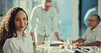 Happy, face and woman in a meeting with a team for business, planning and morning agenda in office. Smile, discussion and portrait of a female employee in a work seminar for collaboration or talking