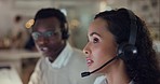 Call center, woman and help of team for training, customer service and computer software in CRM agency. Face of business people, telemarketing advice and working late for coaching about tech solution