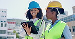 Tablet, construction site and engineering women of blueprint proposal, collaboration and project management. Digital floor plan, technology and african people in city for urban architecture design