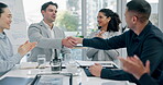 Handshake, applause and business people in congratulations for partnership in corporate office. Shaking hands, clapping and happy group of employees in celebration of success, achievement or b2b deal