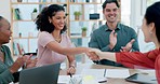 Business meeting, handshake and meeting for onboarding and communication with staff. Management, woman and shaking hands with conversation and hiring showing with teamwork and collaboration 