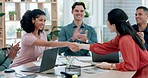 Applause, handshake and business people in office for b2b deal, partnership or agreement. Clapping, shaking hands and women with welcome, thank you or hiring celebration, interview or team success