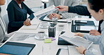 Documents, planning and strategy with business people in meeting for teamwork, project management and idea. Collaboration, brainstorming and report with employees in office for review and solution