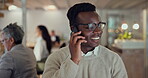 Phone call, computer and business man in communication, job networking or feedback at news agency. Conversation, talking and professional african person or journalist on mobile and desktop at night