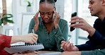 Headache, anxiety and black woman in office with chaos, frustration and overwhelmed with team, report or deadline. Migraine, stress and lady manager with group documents for tax, audit or compliance