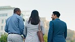 Business people in city, walking and talking from back, morning commute to work with networking and diversity. Business, happy corporate team and conversation, men and women outside office building.