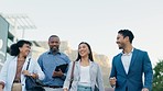 Walking, talking and business people in city together, morning commute to work with networking and diversity. Business, happy corporate team and conversation, men and women outside office building.