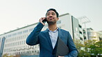 Phone call, communication and business man in city for networking, contact and mindset. Technology, corporate and conversation with employee in outdoors for feedback, development and connection