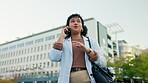 Phone call, communication and business woman in city for networking, contact and mindset. Technology, corporate and conversation with employee in outdoors for feedback, development and connection