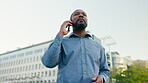 Phone call, networking and business with black man in city for communication, contact and mindset. Technology, corporate and conversation with employee for feedback, development and connection