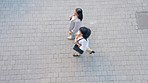 City, walking and aerial of business women on commute in conversation, discussion and talking. Professional workers, network and female people in urban town for traveling to work, career and office