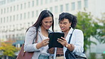 City, tablet and happy business women, friends or design colleagues review creative work, media development or schedule. Outdoor collaboration, conversation and commuting team work on morning project