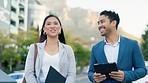 Business people, group and lawyers walking in city, talking and conversation outdoor. Commute, attorneys and man and woman travel in urban town for communication, speaking and happiness on journey.