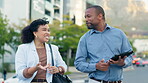 Business people, front and bankers walking in city, talking and conversation outdoor. Professionals, black man and woman travel in urban commute for communication, speaking and discussion on journey.