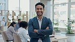 Face, business and Asian man with arms crossed, smile and meeting for planning, consultant and leader. Portrait, male person and happy employee with success, happiness and team with a startup company