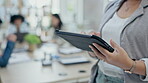 Business woman, hands and tablet in meeting for online research or project management at the office. Female person, employee or manager scrolling on technology for social media or data at workplace