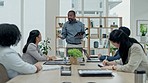 Black man, tablet and coach in meeting for project management, presentation or team discussion at office. African businessman with technology talking for training staff, strategy or business proposal