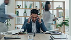 Businessman, headache and stress in depression, anxiety and time lapse of chaos or busy office. Tired man, documents or overwhelmed employee in burnout, fatigue or business crisis at the workplace