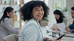 Happy business woman, tablet and meeting in leadership with smile for project or team management at office. Portrait of female person, manager or employee with technology in research at the workplace