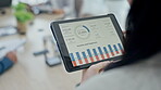 Business woman, hands and tablet for statistics, graph or chart data in marketing finance at the office. Female person checking company income or expenses on technology for budget plan at workplace