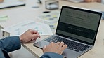 Businessman, hands and laptop on stock market website for financial growth, research or marketing on office desk. Man working on computer for online search, finance or investment plan at workplace