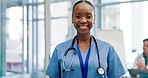 Black woman, doctor and smile in confidence for healthcare, surgery or leadership at the hospital. Portrait of happy African female person, nurse or medical professional for health advice at clinic