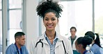 Happy woman, doctor and healthcare leadership in meeting, teamwork or planning at hospital. Portrait of confident female person, nurse or medical professional in health or team management at clinic
