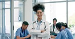Happy woman, doctor and leadership in meeting, teamwork or planning surgery at the hospital. Portrait of confident female person, nurse or medical professional in health or team management at clinic