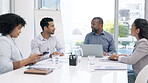 Talking, planning or business people in meeting with teamwork for discussion, innovation or ideas. Collaboration, brainstorming or employees speaking in office for sales review or feedback report