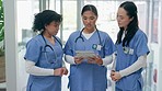 Hospital, nurse and women on tablet in discussion for diagnosis, medical results and report in clinic. Healthcare, team and female health workers on digital tech for telehealth, analysis and research