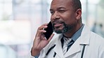 Black man, doctor and phone call with online medical consultation in a hospital for healthcare. Clinic, networking and smile from a wellness professional with communication for work with advice