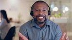 Customer service face, video call and happy black man consulting, networking or telemarketing on telecom support. Conversation, online conference or African male consultant talking in virtual webinar