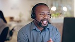 Black man, call center and consulting help with consultant talking about telemarketing and crm work. Office, professional and customer support online with conversation with advice and web discussion 