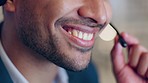 Customer service headset, conversation and mouth of happy man consulting, chat or speaking on microphone. Telemarketing sales pitch, CRM help desk smile and closeup male consultant talking in telecom