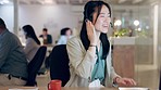 Customer service conversation, computer or happy Asian woman consulting in telemarketing, communication or sales pitch. Tech support help, consultation and female consultant talk in coworking office