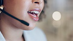 Customer service conversation, office and mouth of woman consulting, talking or telemarketing in sales pitch. Business chat, call center consultation and female person speaking on closeup headset mic